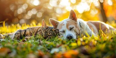 dog and cat lie on the grass photo