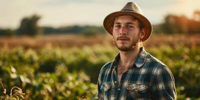 granjero masculino en un Paja sombrero en contra el antecedentes de un campo foto