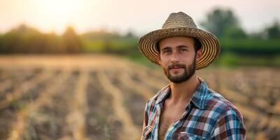 granjero masculino en un Paja sombrero en contra el antecedentes de un campo foto