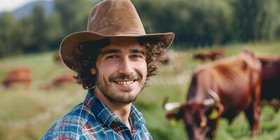 hombre granjero en antecedentes de vacas foto