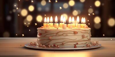 pastel con velas de cerca en un borroso antecedentes foto