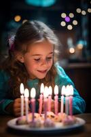 girl and birthday cake with candles photo