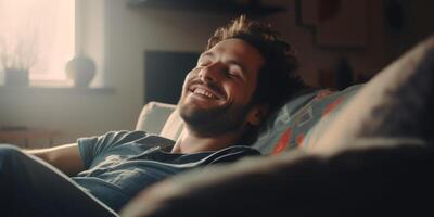 a man falls asleep on the sofa with a smile photo