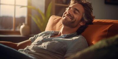 a man falls asleep on the sofa with a smile photo