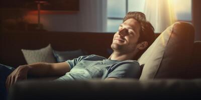 a man falls asleep on the sofa with a smile photo