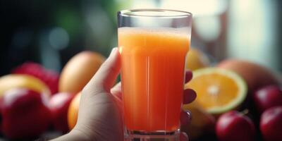 natural juice in a glass in hand photo