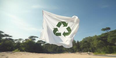 reciclaje símbolo en un blanco bandera foto