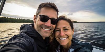 couple in love on a boat selfie photo