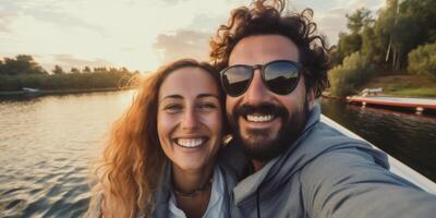 couple in love on a boat selfie photo