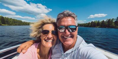 couple in love on a boat selfie photo