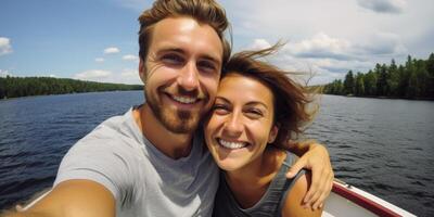 couple in love on a boat selfie photo