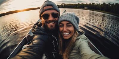 couple in love on a boat selfie photo