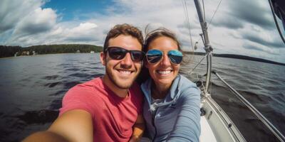 couple in love on a boat selfie photo