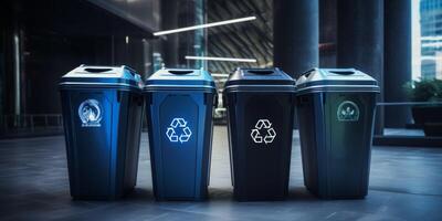 trash cans with recycling symbol photo