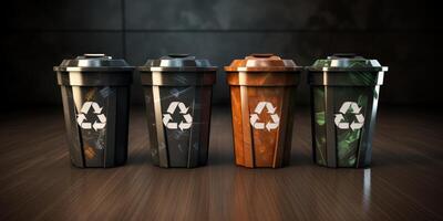 trash cans with recycling symbol photo