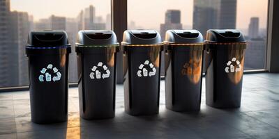 trash cans with recycling symbol photo