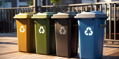 trash cans with recycling symbol photo