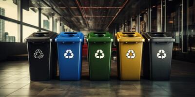 trash cans with recycling symbol photo