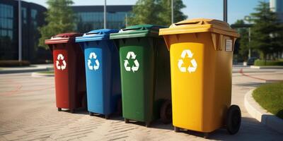 trash cans with recycling symbol photo