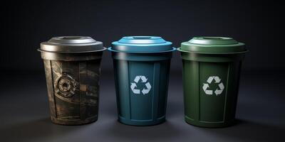 trash cans with recycling symbol photo