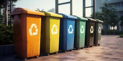 trash cans with recycling symbol photo