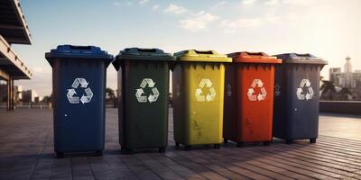 trash cans with recycling symbol photo