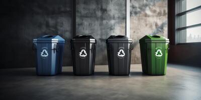 trash cans with recycling symbol photo