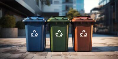 trash cans with recycling symbol photo