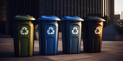 trash cans with recycling symbol photo