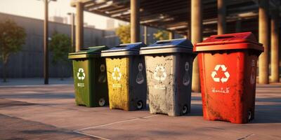 trash cans with recycling symbol photo