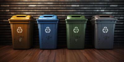 trash cans with recycling symbol photo