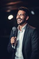 man with microphone at public speaking photo