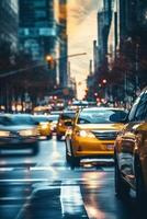 yellow taxi car in traffic on a city street slow motion photo