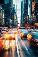 yellow taxi car in traffic on a city street slow motion photo