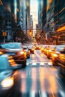 yellow taxi car in traffic on a city street slow motion photo