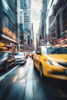 yellow taxi car in traffic on a city street slow motion photo