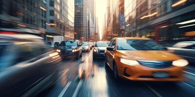 yellow taxi car in traffic on a city street slow motion photo