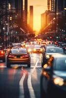 yellow taxi car in traffic on a city street slow motion photo