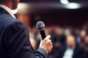 man with microphone at public speaking photo