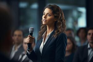 woman with microphone at public speaking photo