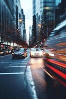 yellow taxi car in traffic on a city street slow motion photo