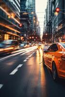 yellow taxi car in traffic on a city street slow motion photo