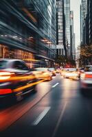 yellow taxi car in traffic on a city street slow motion photo