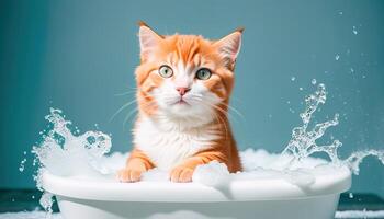 Cute kitten in a bath with foam photo