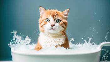 Cute kitten in a bath with foam photo