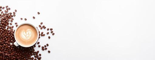 cup of coffee with grains on a panoramic white background photo