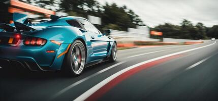 sports car rides on the track with crazy speed rear view banner photo