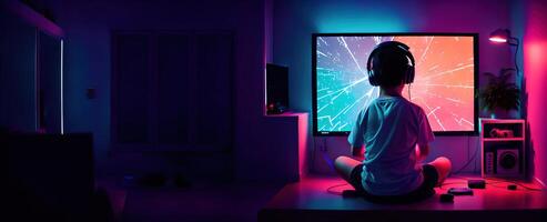 child in headphones playing a game in a dark room rear view banner panorama photo