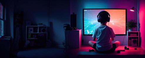 child in headphones playing a game in a dark room rear view banner panorama photo