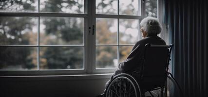 elderly woman in a wheelchair looking out the window rear view banner photo